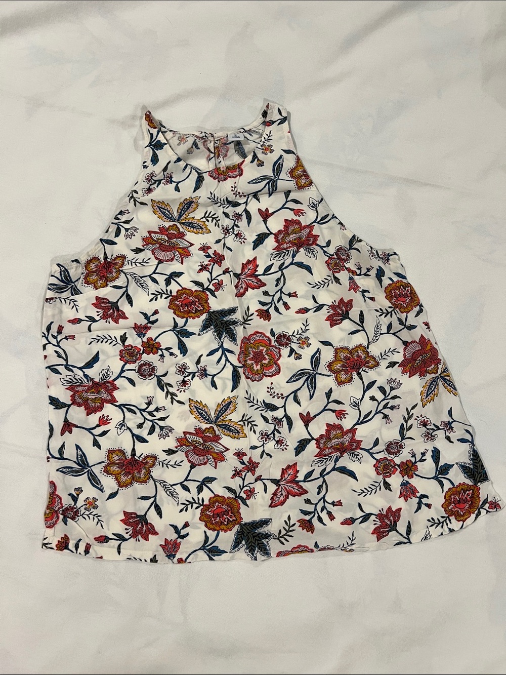 Old Navy White Floral High-Neck Tank Top with Red & Navy Print